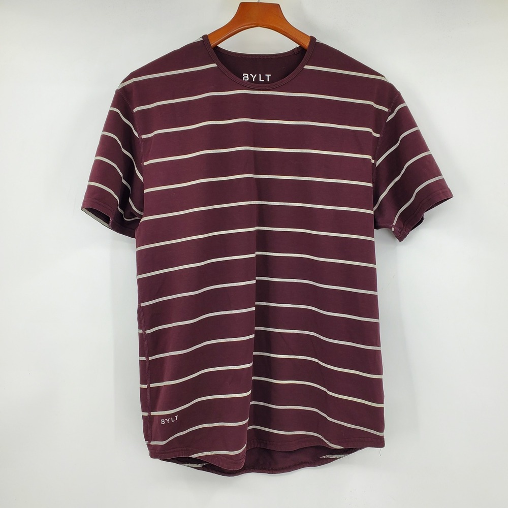 BYLT Drop Cut Lux Striped Tee Maroon White Mens Large Curved Hem T Shirt Active